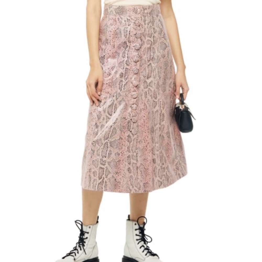Topshop Snakeskin Print Button Leather Midi Skirt Size 2